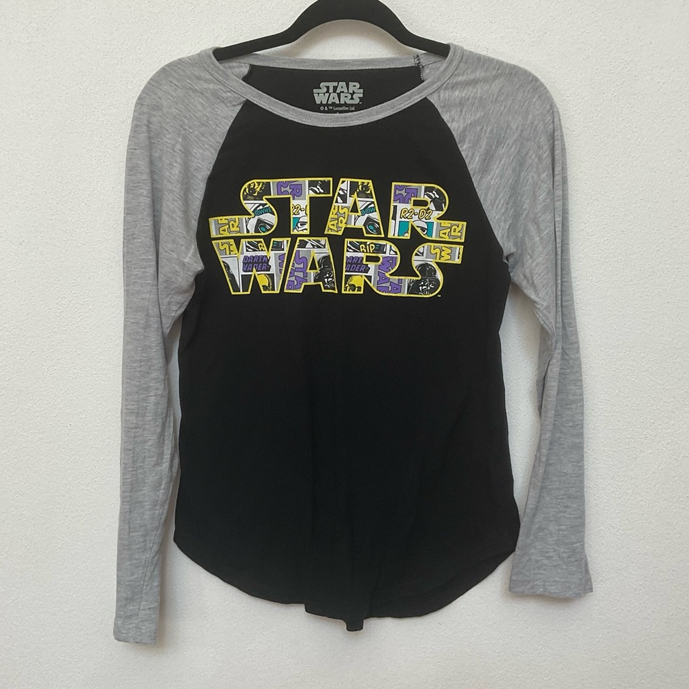 Star Wars Black, Grey Raglan Sleeve Cartoon Spellout Graphic T-Shirt Size Small